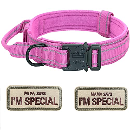 Collar de perro ajustable con asa de control, collar táctico de nailon, acolchado para perros, hebilla de metal, para perros medianos y grandes, caza entrenamiento al aire libre, K9 rosa M