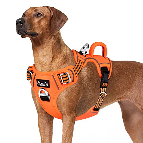 Eyein Arnés de Perros Grande Mediano Pequeño, Ajustable Anti Tirones Arnés Táctico de Entrenamiento para Perro, Reflectante Resistente Transpirable Cómodo Arnés Perro Pecho Fácil Control (L, Naranja)