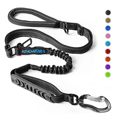 Iokheira Correa Perro de 5 pies, 4 en 1 Correas para Perros, Ajustable, con Cinturón de Seguridad para el Coche y asa Acolchada, elástica y Reflectante, Perros Mediano/Grande (Negro)