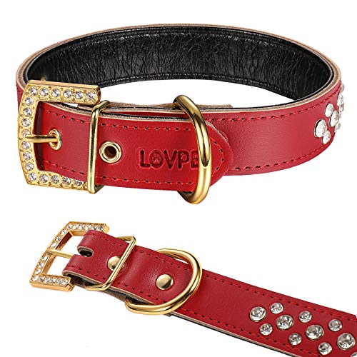 LOVPE Hebilla dorada con 3 filas de diamantes de imitación personalizados, collar de perro de cristal para perros pequeñas y medianas razas (M, rojo)