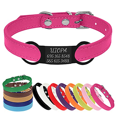 Uiopa Collar Perro Pequeño/Mediano, Chapa Perro Grabada Collar Perro Personalizado Collar Gato Cuero Ajustable y Impermeable para Cachorros, Gatos, Mascotas (Rosa roja, Mediano (28-36cm, 2cm))