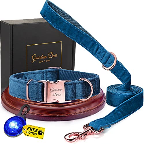 Collar Perro Extra Grande con Correa y Colgante de luz. Set Elegante y Completo de Terciopelo Suave para Perros, Gatos y Cachorros. Azul