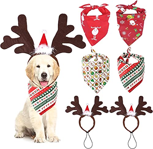 4 Pañuelo Bufanda de Mascota Navidad y 2 Navidad Mascota Diadema, Baberos Triángulo Ajustables Lavables de Perros, Christmas Headband Disfraz de Mascota Gato Perro de Navidad, Mascota Navidad Baberos