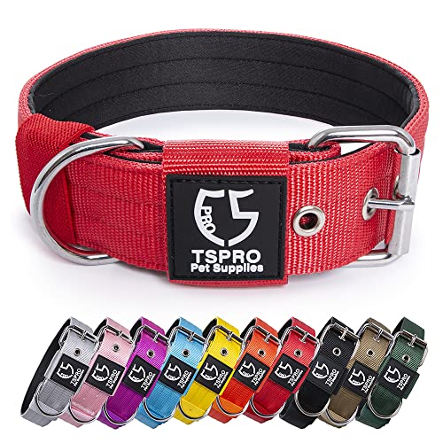 TSPRO Collar táctico para perro de 1.5 pulgadas de ancho, collar de perro fuerte de grado militar, collar de perro grueso con hebilla de metal resistente (rojo-L)