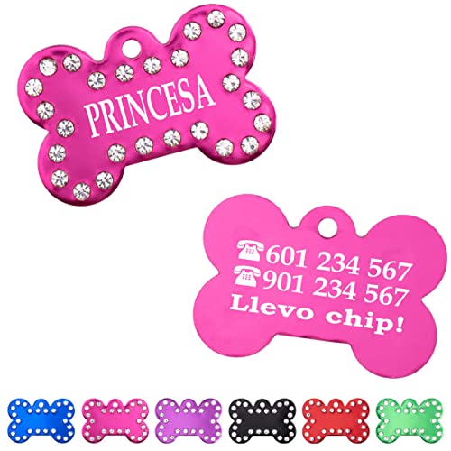 Hueso Deluxe Placa Chapa Medalla de identificación Personalizada para Collar Perro Gato Mascota grabada (Fucsia)