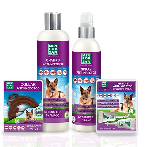 MENFORSAN Pack de 4 Productos antiparasitarios para Perros, Contiene Cuatro Productos repelentes: Collar, Champú, Spray y Dos Unidades de pipetas Anti Insectos, Combate Cualquier Insecto