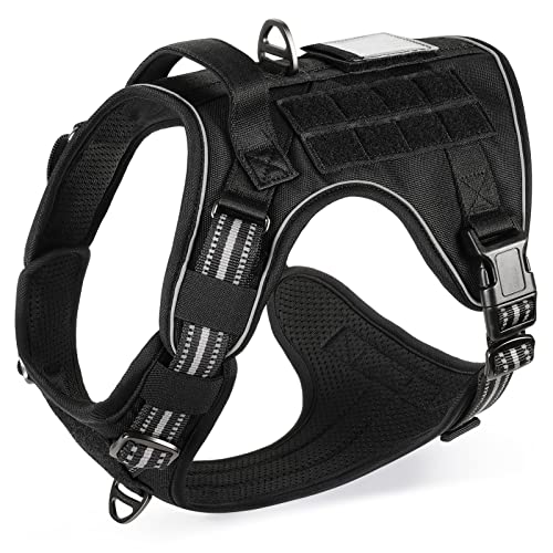 rabbitgoo Arnes Perro Antitirones, Arnes Perro Grande Mediano Transpirable, Arnes Táctico Perro Ajustable con Asa Anillos y Molle, Chaleco Durable Reflectante para Adiestrar, Caminar, Cazar, Negro, L