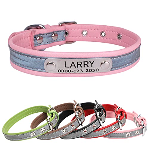 Yonsbox Collar Reflectante Ajustable para Gato Perro Personalizado con Etiqueta de Nombre Telefono Grabado Cachorro Gatito Rosado Collar Perro Gato Grande Mediano Pequeño