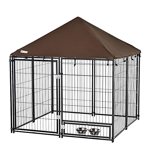 PawHut Parque para Perros con Toldo Perrera Metálica de Exterior con Soporte Giratorio para Comida 2 Cuencos Incluidos y Cerradura para Mascotas Jardín 141x141x151 cm Negro