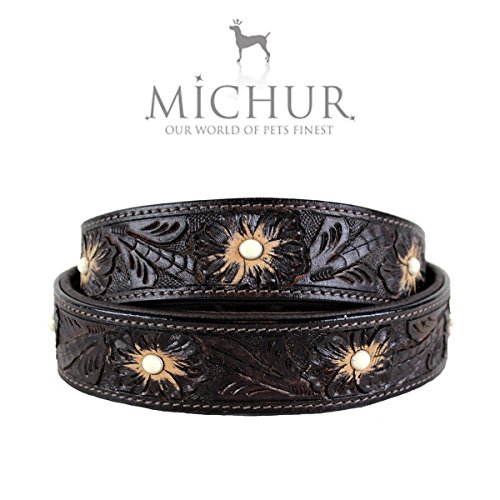 MICHUR Pablo Collar de Cuero para Perro Collar de Cuero para Perro Collar de Cuero para Perro Cuero marrón con Estampado de Flores Estampado y Piedra Blanca Disponible en Diferentes tamaños