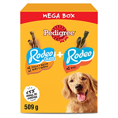 Pedigree Rodeo Mega Box Snacks para Perro sabores Mixtos, 14 x Pollo & Bacon, 8 x Buey, 7 x Buey & Queso, 509g