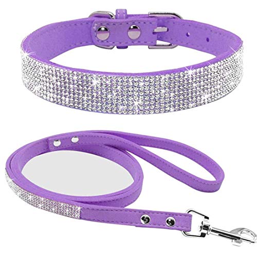 Yiwong Collar para Mascotas con Diamantes de Imitación + Correa, Collar para Perros con Pedrería para Perros y Gatos, Collar para Perros en Ante Suave