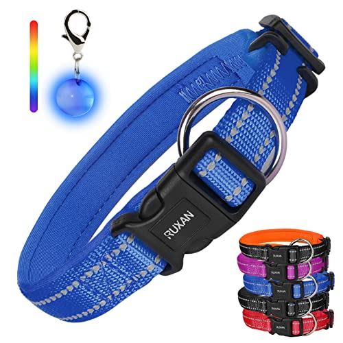 RUXAN Collar reflectante para perro con acolchado de nailon para mascotas con hebilla de liberación rápida, 1 collar de luz LED gratis para perros pequeños, medianos y grandes M(40-45cm)