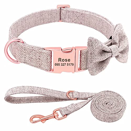 PET ARTIST suave y cómodo Collares personalizados para perro con pajarita desmontable,lindo collar y correa para perro con hebilla de oro rosa,collares ajustables para perros pequeños medianos grandes