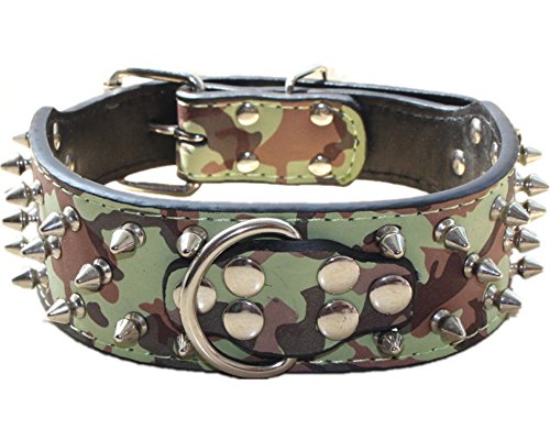 haoyueer Collar de perro de cuero con pinchos, remaches de bala tachonados de 2 pulgadas de ancho, elegantes collares de cuero para perros medianos y grandes, Pitbull, L, camuflaje