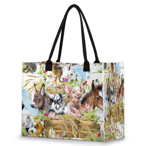 Bolsa de playa para mujeres y niñas, animales de granja, perro, grande, bolsa de playa, a prueba de arena, bolsa de hombro, bolsa de compras reutilizable con asa, Multicolor, Talla única