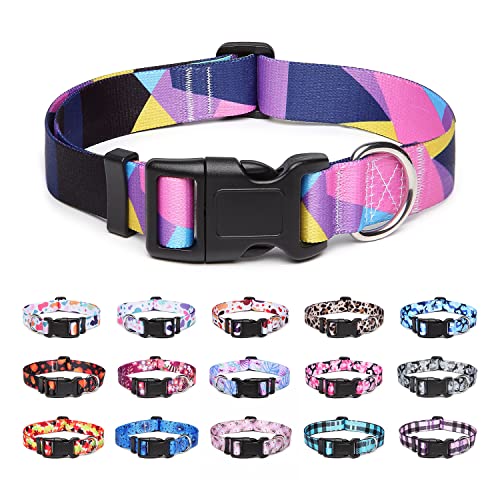 Suredoo Collar Perro, Ajustable y Resistente con Patrones de Moda, Collar Nylon Cómodos para Perros Pequeños Medianos Grandes, Cachorros (M, Púrpura Geometría )