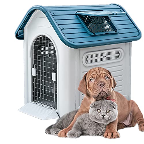 Caseta Perros Exterior, para Grande/Pequeña/Mediana Perros Gatos, Caseta Perros Exterior Resina Plastico, Casa Perro Exterior Interior, Impermeable con Pue(Size:M:Body length 0-23.5 inches,Color:Azul)