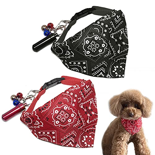 Pañuelo para perro con etiquetas de identificación, campanas, bufanda ajustable para mascotas, baberos para perros, paquete de 2 bandanas para collar (negro y rojo, grande)