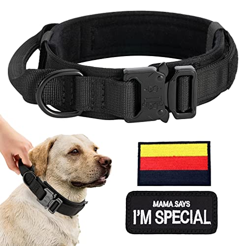 Collar de Perro Ajustable con Asa de Control, Nylon Táctico, Acolchado, Hebilla de Metal, Medianos, Entrenamiento de Caza, Al Aire Libre, K9 Negro L