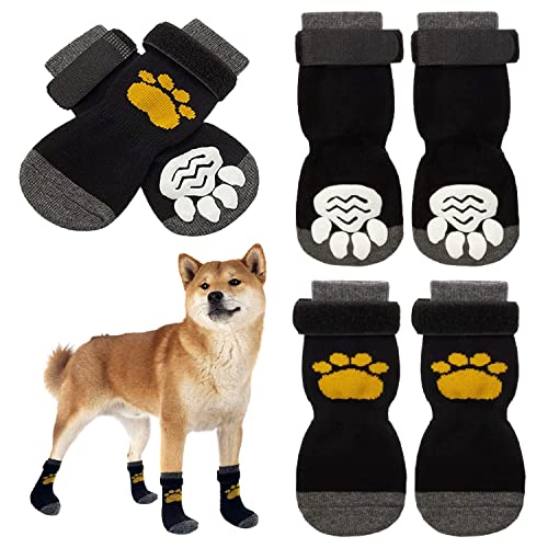 Ewolee Calcetines Perro, 3 Pares de Calcetines Antideslizantes para Perros Gatos, Protectores de Patas para Perros con Correas Ajustables, Control de Tracción para el Uso en Interiores (S)