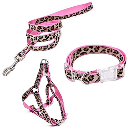 PAWZ Road Collar y Arnés de Pecho Entrenamiento de Mascotas Correas Perros Cuerda Estampado Leopardo 3 Set para Correr Pasear Rosa M