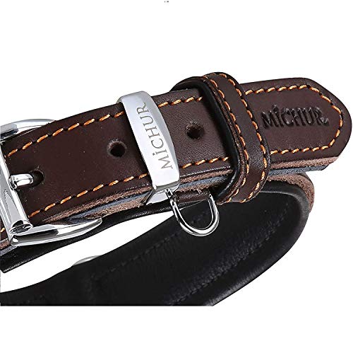 MICHUR Minimo Collar de Cuero para Perros, Cuello, marrón con Costuras Naranja y un Anillo para la Placa de identificación, Cuero, Disponibles en Diferentes tamaños, 41cm