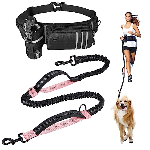 Correa Perro Cintura, Correa Manos Libres con Riñonera, 140-200 cm Cinturón Ajustable para Caminar Entrenar Hacer Senderismo Correr para Teléfono Móvil, Perros Medianos y Grandes - Rosa