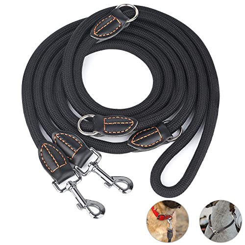 SYCozupy Correa para perros, doble correa para perros grandes, 3 m, ajustable, de nailon, doble correa con 2 mosquetones, color negro