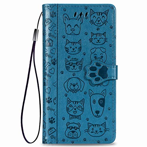 Fertuo Funda para Xiaomi Mi Note 10 Lite, Carcasa Libro con Tapa de Cuero con Ranuras de Tarjeta, Soporte, Cierre Magnético [Gato Perro] Wallet Case Flip Cover para Xiaomi Mi Note 10 Lite, Azul