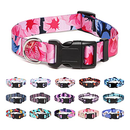 Suredoo Collar Perro, Ajustable y Resistente con Patrones de Moda, Collar Nylon Cómodos para Perros Pequeños Medianos Grandes, Cachorros (S (Cuello 25-40cm, Ancho 1.5cm), Flor Rosa)