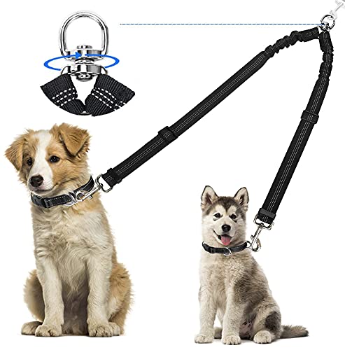 Kelivi Acoplador doble de plomo para perro, sin enredos, rotación giratoria de 360 °, dos dos separadores de plomo para perros, resistente, ajustable, elástico reflectante doble correa para perro