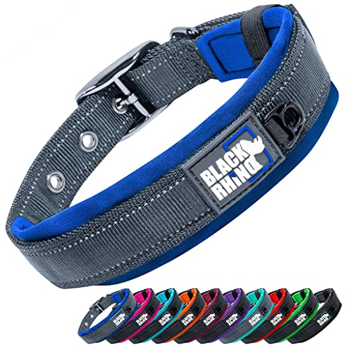 Black Rhino - The Comfort Collar - Collar de perro acolchado de neopreno ultra suave para todas las razas. Resistente, ajustable, reflectante y resistente a la intemperie (S, azul y negro)