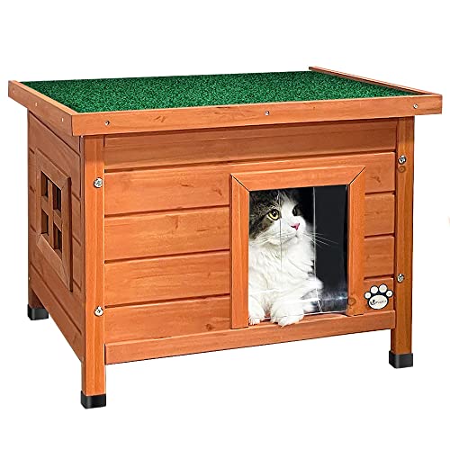 VOUNOT Casa para Gatos de Madera con Techo Asfáltico, Cabaña Mascotas Caseta Pequeña de Gatos con Ventana y Puerta 57x45x43cm