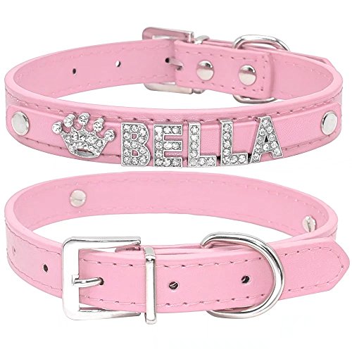 Didog Collares de perro de piel sintética suave con diamantes de imitación personalizados, para perros pequeños y medianos, rosa, talla XS