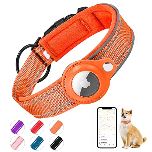 Kardition Collar Perro Acolchado para AirTag, El Collar Perro Reflectante Airtag Apple, Air Tag Integrado para Perros Pequeños, Medianos, Grandes, [Naranja - Talla L]