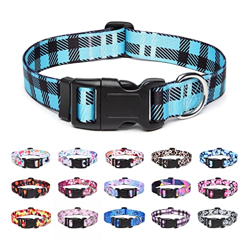 Suredoo Collar Perro, Ajustable y Resistente con Patrones de Moda, Collar Nylon Cómodos para Perros Pequeños Medianos Grandes, Cachorros (S, Cuadros Azul)