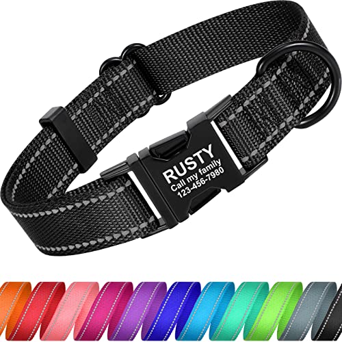 TagME Collar Perro Personalizado, Grabados Reflectante Nylon Collares para Perros con Nombre y Número de Teléfono para Perro Mediano, Negro M