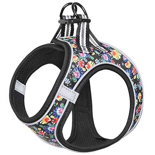 HEELE Arnes Perro Arnes Tipo Chaleco para Perros Vest Air Mesh Arnés para Perro Arnes Perro con Bonito Estampado Arnés para Perro Pequeño Cachorro Suave Cómodo Reflectante, Floral Negro, XS