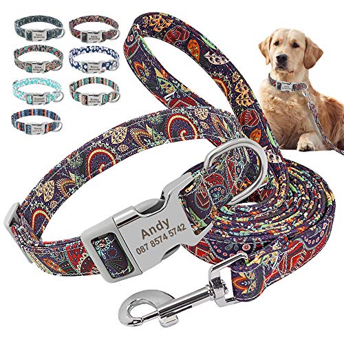 Beirui Juego de collar y correa de nailon personalizados, collares de estilo étnico suaves para perros pequeños, medianos y grandes, con hebilla ligera, M, jardín morado