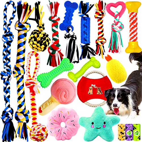 Tonsooze Juego de Juguetes para Perros, 20 Piezas Durable Masticable Cuerda Soledad Grupo de Juguete,Cuerda Juguete Interactivo de algodón con Nudo para Masticar para Limpiar los Dientes Adecuado