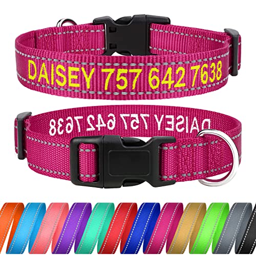 TagME Personalizado Pequeño Collar Perro, Bordado Nombre y Número De Teléfono Reflectante Collar Perros, Rosa XS