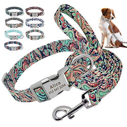 Beirui Juego de collar y correa de nailon personalizados, collares de estilo étnico suaves para perros pequeños, medianos y grandes con hebilla ligera, M, verde exótico