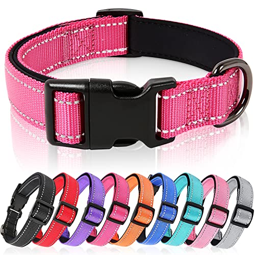 HEELE Collar Perro, Collar Nylon Reflectante Neopreno Forrado Ajustable para Perro Grande, Rosado, L