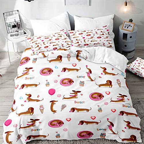 3D Juego de Ropa de Cama, Treer 3 Piezas Microfibra Anti Decoloración Nórdica Juegos de Funda de Edredón Estampada Funda de Almohada (Caseta de Perro Rosa,200x200cm)