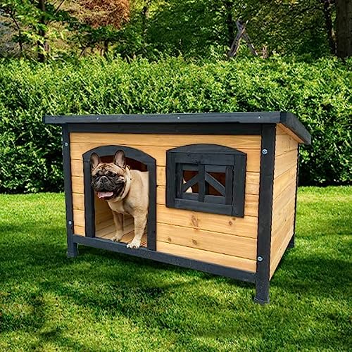 Caseta de Madera Eco-Responsable para Perros Toby - Negro-Refugio de Madera para Perros, Ideal para el Exterior, jardín y Patio con Ventanas y Techo Amovible