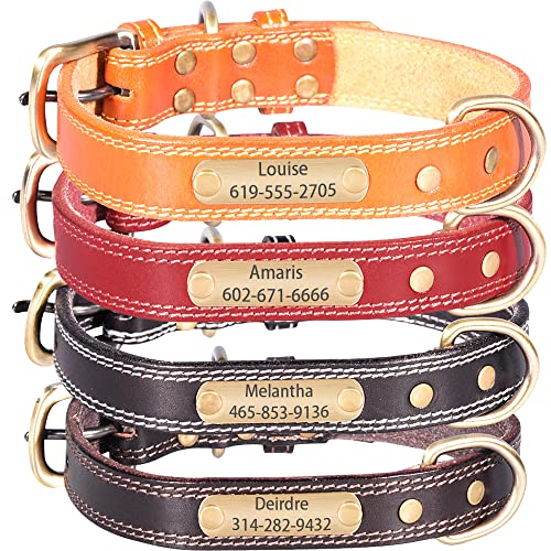 AIPNIS Collar de Perro de Cuero con Placa Personalizada Grabada con el Nombre y el Número de Teléfono de su Mascota, Collar de Perro de Cuero de Tamaño Ajustable para Perros Pequeños y Medianos