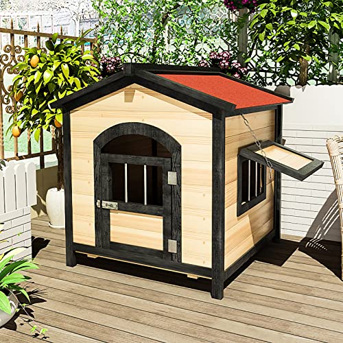 TEHONGMAI Casa De Madera para Perros Al Aire Libre, Caseta para Mascotas Elevada Resistente a La Intemperie, Estilo De Cabina con Techo De Asfalto Y Visera Solar para Mascotas Pequeñas Y Medianas