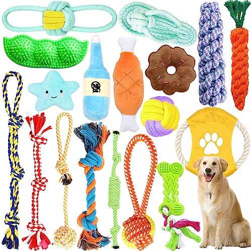 Juego de Juguetes para Perros,18 Piezas Durable Masticable Cuerda Soledad Grupo de Juguete para Perros,Cuerda Juguete Interactivo de algodón con Nudo para Masticar para Mantener a Perro Sano