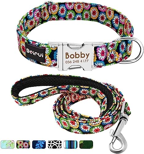 Beirui Collar Perro Personalizado con Hebilla de liberación rápida – Collares para Perros Personalizados con Patrones Florales – Bohemia Daisy Collar y Correa Perro - S(10-15.5